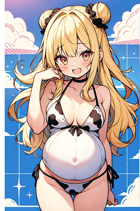 Bishojo anime style,pregnant high school girl,
blonde long hair with 1 side bun,
wearing Cow pattern print bikini,
scrunchie,Semicircular eyes,laugh,happy mood,