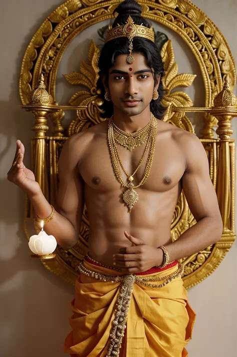 Srikrishna, often depicted in Hindu art and iconography, is shown as a youthful and radiant figure. When holding his Panchajanya Shankha (conch), he stands with grace and authority. He is typically adorned with a crown, elaborate jewelry, and traditional a...