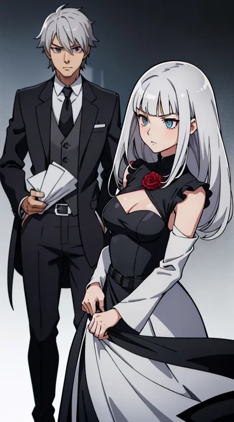 Anime girl, prettify, femme fatale, noir, detective, dress, reasturant,shadow, silver hair, heterochromia eyes,her  left eye is gray, her right eye is red rose, straight hair, straight hair cut and straight blunt bangs, strictly straight cutted bangs, hime...