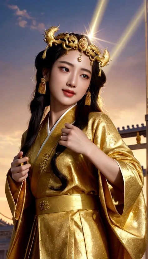 Neoclassicism, god rays, sparkle, cinematic lighting, Eye-Level Shot, uhd, super detail, high details, best quality, highres, textured skin, masterpiece，Smile Charity，Chinese God of Wealth holding a pile of gold coins，Classical Gold God of Wealth，Dressed i...