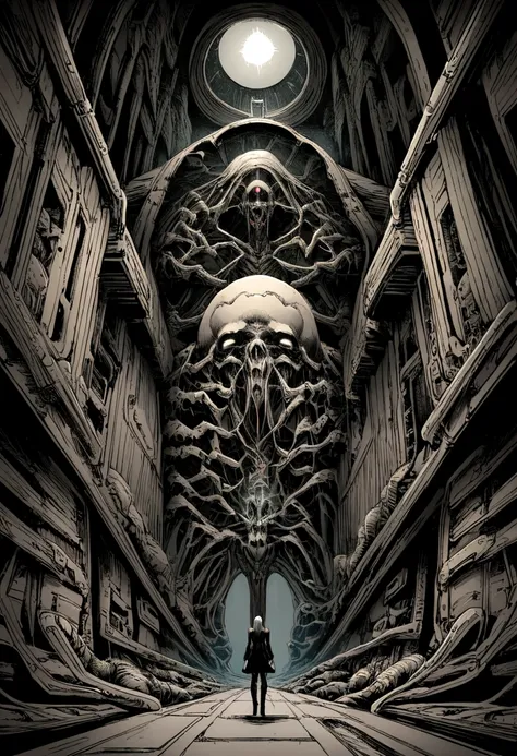 giger, biomechanic, surreal, lovecraftian, spaceship interior corridor, The atmosphere is a fusion of Matrix and H.R. Giger dark horror wide angle, for extreme TECHNO HARDCORE  video clip