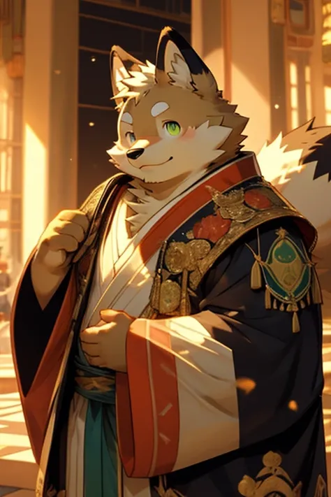 Little Emperor，Little white fox，In the Palace，Very confident，cute，overweight，Wearing gorgeous robes，sit on the chair。Fluorescent green eyes，high quality，high-definition，masterpiece，Young，male，