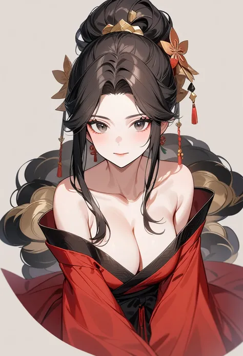 Older women，Black long hair，Hair up，Red Hanfu，Cleavage，Beautiful black eyes，Bare shoulders，Extremely detailed，high resolution，Simple background