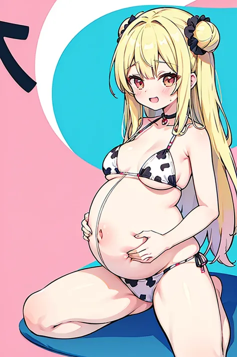 Bishojo anime style,pregnant high school girl,
blonde long hair with 1 side bun,
wearing Cow pattern print bikini,
scrunchie,Semicircular eyes,laugh,happy mood,