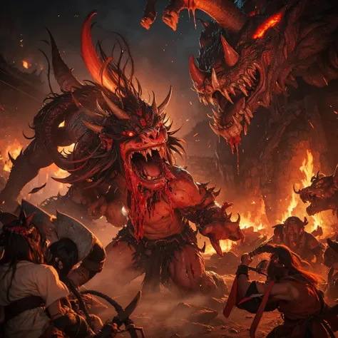 Depict a scene of a ferocious oni (demon) brutally massacring villagers. The oni has a savage appearance, devouring the flesh of villagers, drinking their blood, and scattering their bones. Vividly portray the grisly slaughter in a graphic, grotesque manne...