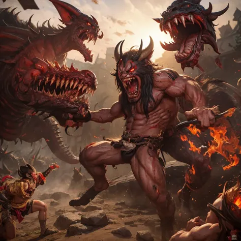 Depict a scene of a ferocious oni (demon) brutally massacring villagers. The oni has a savage appearance, devouring the flesh of villagers, drinking their blood, and scattering their bones. Vividly portray the grisly slaughter in a graphic, grotesque manne...