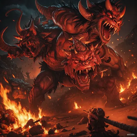 Depict a scene of a ferocious oni (demon) brutally massacring villagers. The oni has a savage appearance, devouring the flesh of villagers, drinking their blood, and scattering their bones. Vividly portray the grisly slaughter in a graphic, grotesque manne...