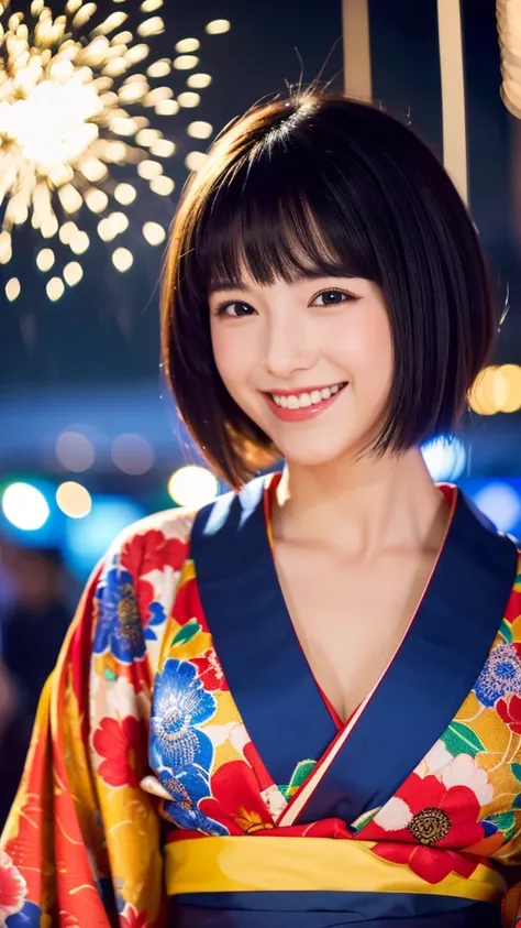 ((Best quality))((realistic))((full body))((face detail))A girl. Short black hair. Kimono. Night . Fireworks festival . laugh. 