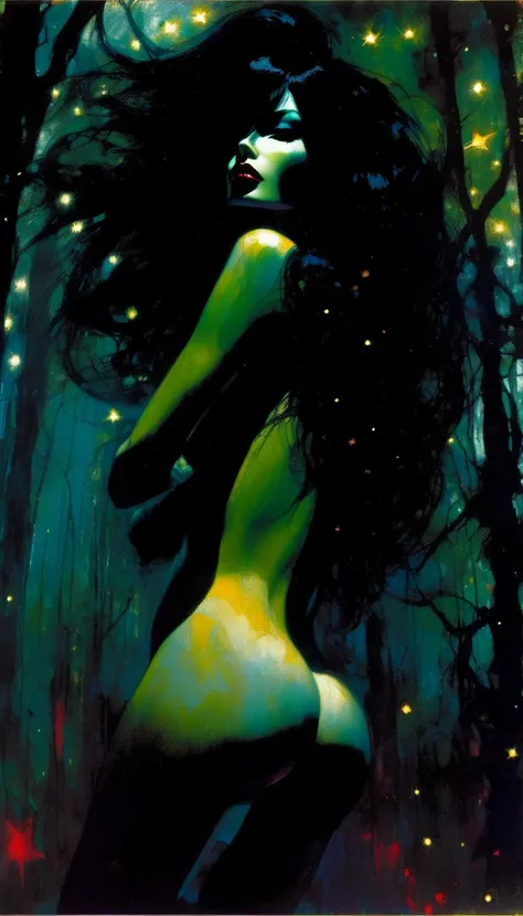 sexy nude black hair girl, dark forest, sinister, stars, background, (art inspired in Bill Sienkiewicz). oil painting)
