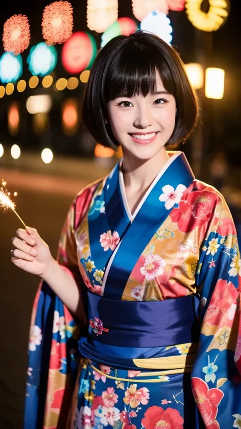 ((Best quality))((realistic))((full body))((face detail))A girl. Short black hair. Kimono. Night . Fireworks festival . laugh. 