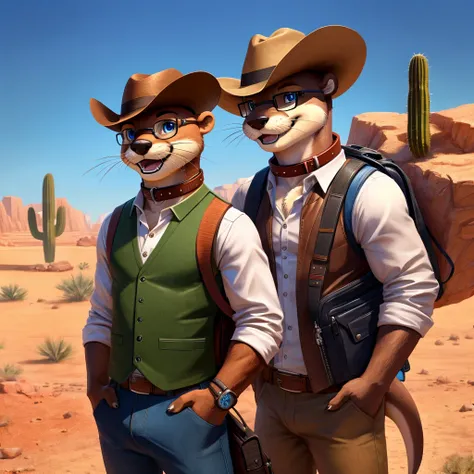 Male, Otter, blue eyes, (posing:1.3), (soft shading), 4k, hi res, ((detailed face, detailed)), looking at viewer, smile, open mouth, desert, cactus, shirt, hat, male focus, cowboy shot, glasses, pants, bag, vest, backpack, sleeves rolled up, round eyewear,...