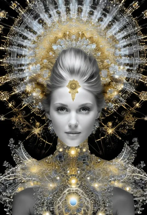 à la manière de Megan Hess,(à la manière de Nick Veasey:0.6), une sublime femme heureuse et rayonnante en armure translucide brillante de Mandelbrot, regard intense,  poitrine sublime et relevée par effet push-up, détaille fractal,1fille, pose dynamique,  ...