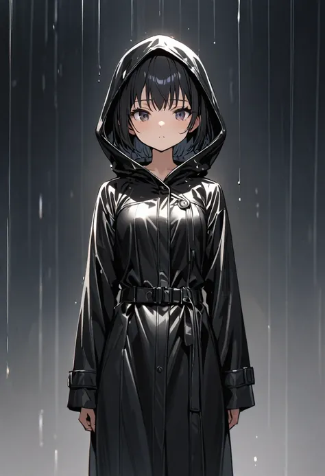 Very thin, very tall girl, 1 girl, (((front view))), in the frame from the waist, black very short hair, small breasts, in a long black leather raincoat,