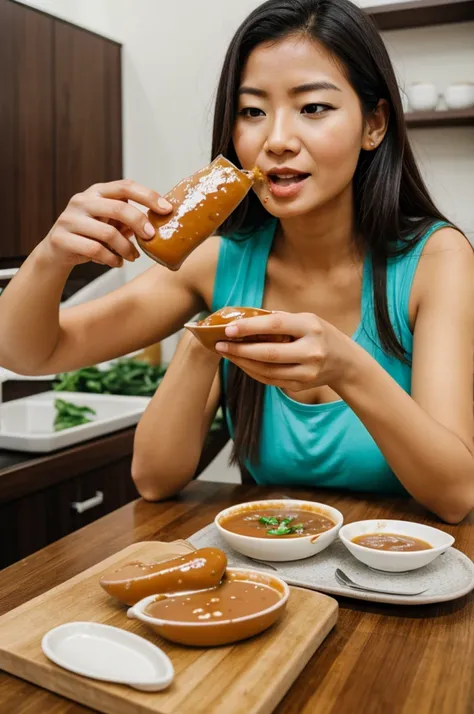 A woman eating a baby feet with soya sauce 