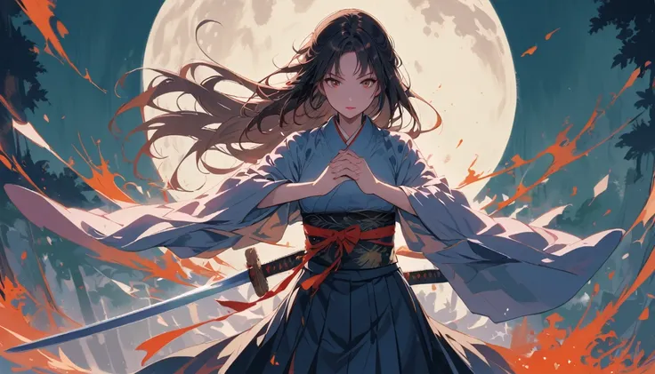 swordsman,One girl,Brown Hair,full moon,holding arms,kimono,knife,Long Hair,moon,skirt,null,alone,sun,sword,arms,holding sword with both hands,sword focus