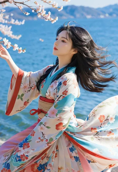 1 Girl,Black Hair, Flowing hair, seaside,landscape,landscape,Cherry blossoms, Falling Flowers, Sunlight,Divine Light,Upper Body,  color,skirt,kimono