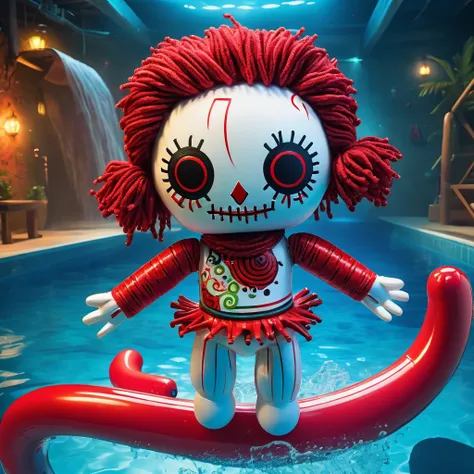 (knitted toy voodoo doll:1.5), (Voodoo Swimmer:1.3), (Clothing: swimwear:1.0), (Accessories: enchanted swim goggles emitting sparks of water magic, levitating spectral bubbles:1.1), (background: mystical swimming pool with floating water slides, glowing po...