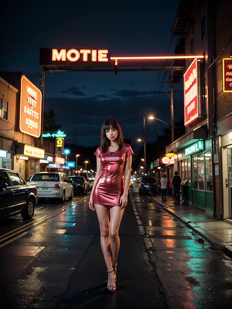 ((masterpiece, highest quality, best image quality, High resolution, realistic, Raw photo, 8K)), Rough motel with cars parked in front々nice view, with neon sign, A woman waiting for customers in front of a motel, lure, short dress and high heels, National ...