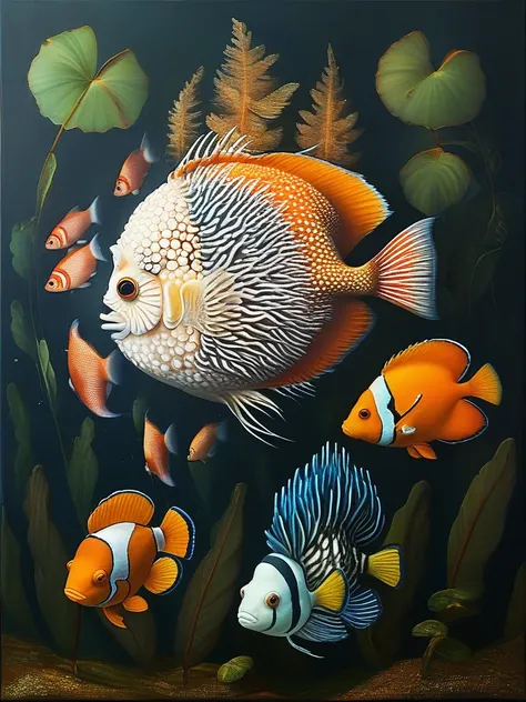 masterpiece,best quality,oil painting,illustration, Tropical fish, puffer fish, angel fish,emperor fish, clown fish, porcupine fish, harlequin fish, trigger fish,
