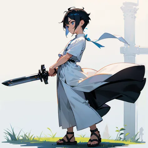 1little boys, Full body version, blue eyes, undercut hair, black colour hair, plain full white tunic Roman clothing, short sleeve shirt, gladiator sandals, plain sword in hand, Grassroots background 