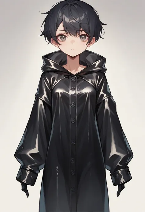 Very thin, very tall girl, 1 girl, (((front view))), in the frame from the waist, black very short hair, small breasts, in a long black leather raincoat,