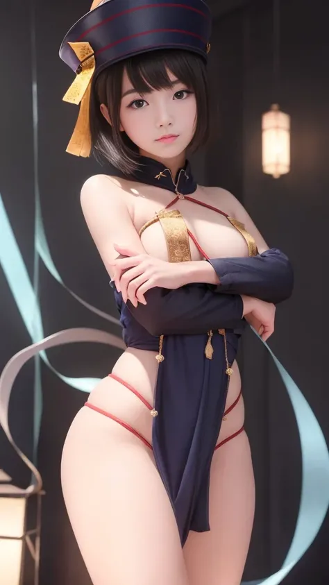 (Highest quality, 8K, masterpiece:1.2), Reality:1.4, One girl,alone, Black Hair, Beautiful breasts, Underbust, (Small beautiful butt:1.2, Thin thighs:1.2), Have, Light_smile, Amulet on the chest, China dress, Arms crossed, whole body, Outdoor, Hanging lant...