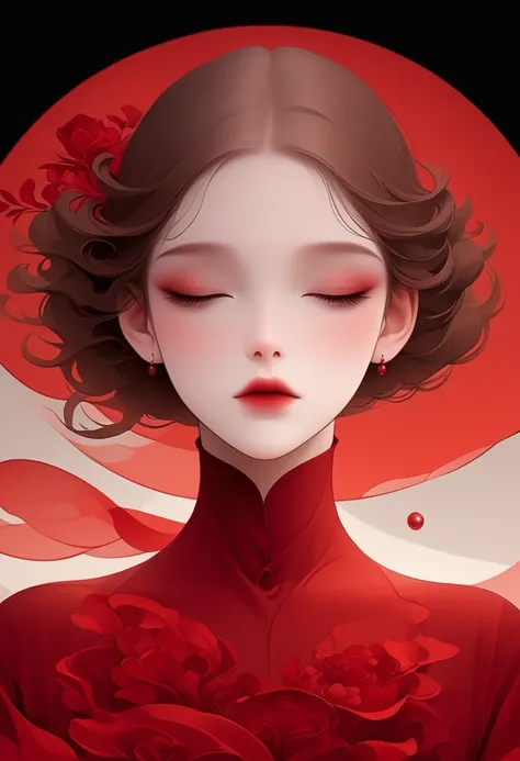 (masterpiece, best quality:1.2), 1 girl, solitary,pretty face，red lipoism art nouveau，illustration style，black and red