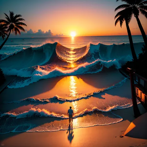 "beautiful sunset on a beach,serene ocean waves,soft golden sand,tropical palm trees,silhouettes of a couple walking hand in hand,seagulls flying in the distance,crimson and orange hues,pure white clouds,faint sound of waves crashing,tranquil atmosphere,hi...