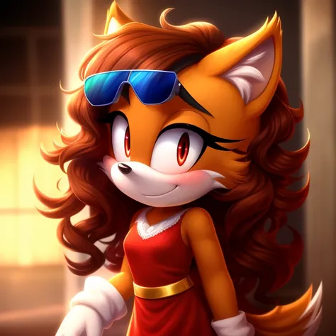 mobian, solo, hedgehog, two-tone fur ((orange fur, brown fur)), cowboy dress, high-top sneakers, small breasts, two-tone hair (brown hair, black tip)), curly hair, halo, sunglasses, jewelry, red eyes, longeyelashes, red eyes, smile, shy, blush, pose, high ...