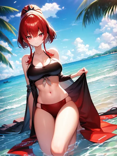 Parasol, food, basket, flip flops, vinyl sheet, Beaches and sands, Calm expression, Perfect hands, elder, Red Hair, The dignity of a 50-year-old, 落ち着きのあるwoman, solo、(Highly detailed background:1.0)、(Highly detailed background:1.0)、masterpiece、Highest quali...