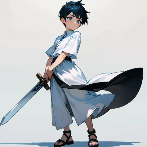 1little boys, Full body version, blue eyes, undercut hair, black colour hair, plain full white tunic Roman clothing, short sleeve shirt, gladiator sandals, plain sword in hand, Grassroots background 