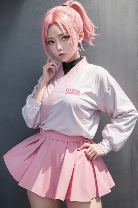 Make me gojo from the anime jujutsu kaisen wearing a pink skirt