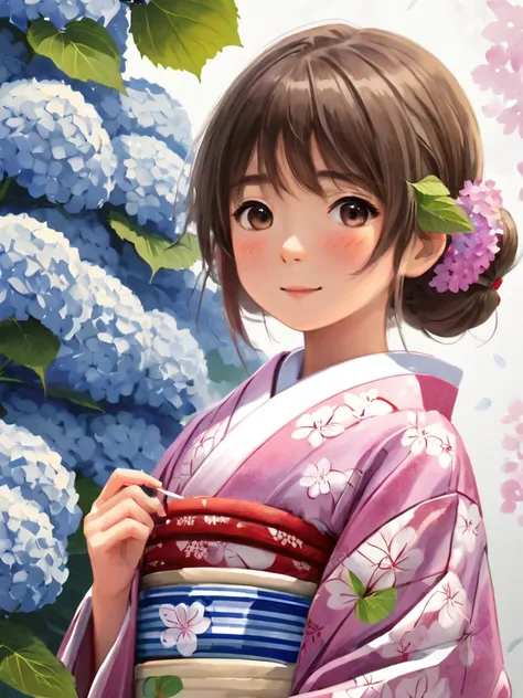 Yukata girl and hydrangea