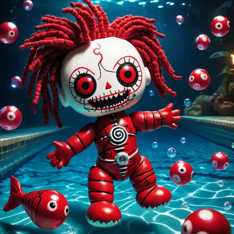 (knitted toy voodoo doll:1.4), (Voodoo swimmer:1.3), (Clothing: swimsuit:1.0), (Accessories: swimming goggles that emit sparks of water magic, floating bubbles:1.1), (background: mystical pool, glowing pool lights:1.2),, (Face: white with red spiral cheeks...