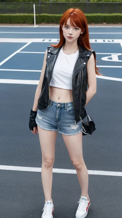 Cute redhead girl with blue eyes, black leather jacket, small white short shirt, short denim shorts, white tennis shoes 