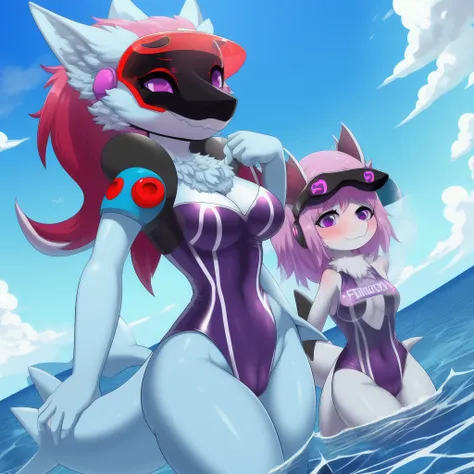 ((best quality, Masterpiece, Complete anatomy, Detailed pictures)), 1 female, arctic protogen, shark girl, Long visor, purple visor, purple eyes, sexy body, Big Pong, Chest 87, Waist 57, Thigh 86, naked, Shark tail, red red, shy, sea, Blackonepieceswimsuit