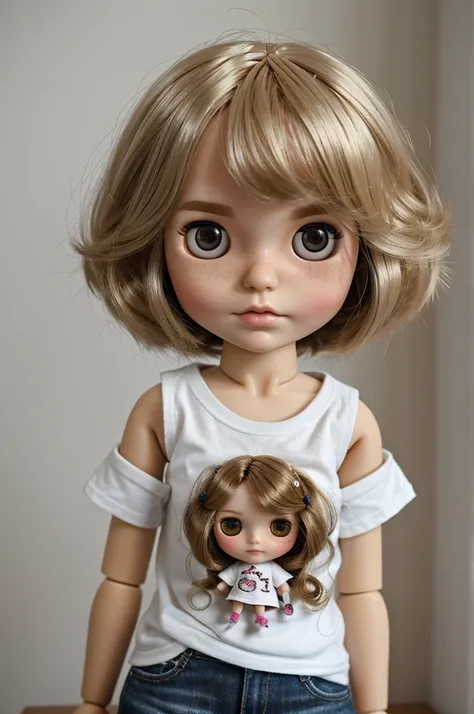 Create a blythe doll with short shoulder-length hair , fluffy and wavy, with freckles and white skin and wearing a t-shirt from a well-known rock band 