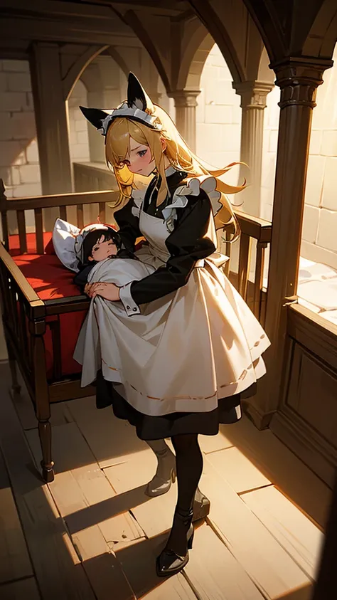 A newborn male baby with blond hair in a crib in a medieval room. with a woman with black hair and dog ears dressed as a medieval maid going to pick up the baby from the crib 