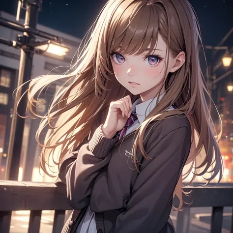 (8K, Best Quality, Masterpiece, Ultra High Resolution) 1Girl, Teen, Young, Slender, Beautiful Eyes, Face Details, Long Brunette Hair, Hazel Eyes, Pale Skin, Wearing School Outfit, Cardigan, Standing Outside at Night, Best Quality, Upper Body, Looking at th...