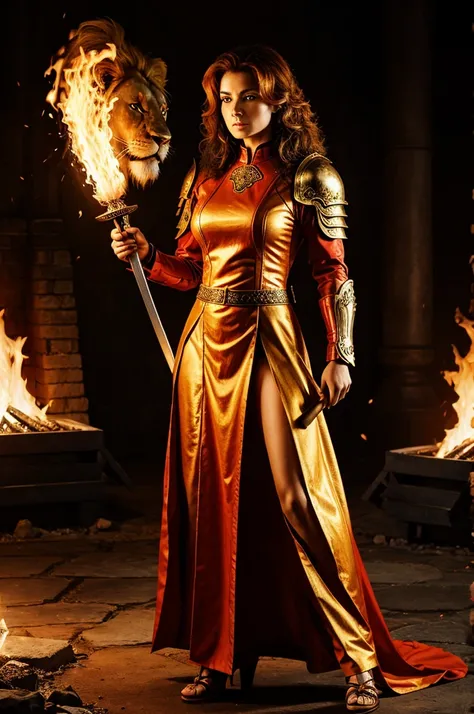 Lion of fire with fire warrior full dress Lady with swords 
