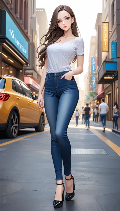 ((best quality, masterpiece:1.3, 8K)), (detailed), highly detailed face and skin texture, detailed eyes, downtown, full body, seductive pose, slender body, 1girl, 25 years old, white skin, bright lips, seductive smile, long hair, (forehead:1.0), stylish to...