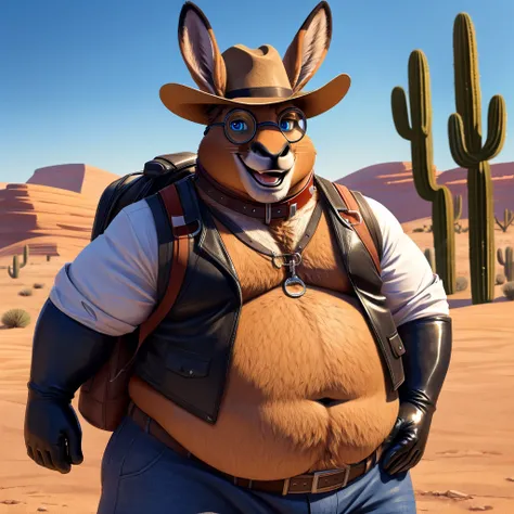 Male, fat, extremely obese, Kangroo, blue eyes, (posing:1.3), (soft shading), 4k, hi res, ((detailed face, detailed)), looking at viewer, smile, open mouth, desert, cactus, shirt, hat, male focus, cowboy shot, glasses, pants, bag, vest, backpack, sleeves r...