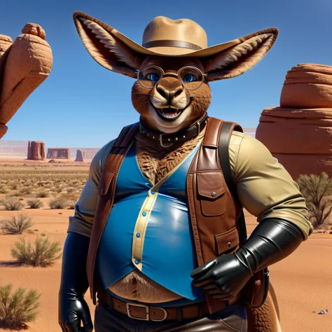 Male, fat, extremely obese, Kangroo, blue eyes, (posing:1.3), (soft shading), 4k, hi res, ((detailed face, detailed)), looking at viewer, smile, open mouth, desert, cactus, shirt, hat, male focus, cowboy shot, glasses, pants, bag, vest, backpack, sleeves r...