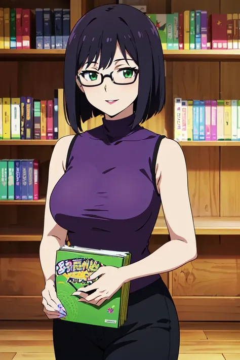 (A 27 year old anime girl in pale purple casual high neck sleeveless t-shirt standing in front of a bookshelf:1.3), Alone, female anime character, anime visual of a young woman, bob haircut, red painted lips, black hair, wearing glasses, big breast, Green ...