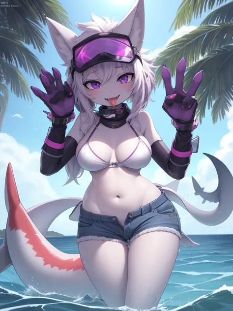 ((best quality, Masterpiece, Complete anatomy, Detailed pictures)), 1 female, arctic protogen, shark girl, Long visor, purple visor, purple eyes, sexy body, Big Pong, Chest 87, Waist 57, Thigh 86, naked, Shark tail, red red, shy, in the sea, Denim short, w...