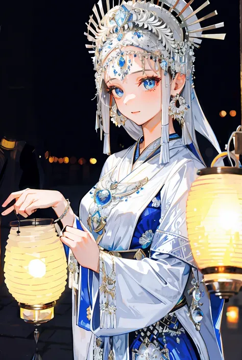 beautiful girl，Exquisite facial features，Skin details，Bright Eyes，Unique，minority，silver，Gorgeous headdress，Portable lanterns