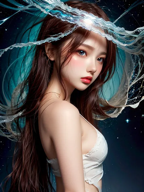 Painting of beautiful young woman，jewelry，Mysterious Wave. 3d. white，shallow. The beauty of cosmic fusion. Nebula Reflection Surrealism. Glass texture，translucent，crystallization