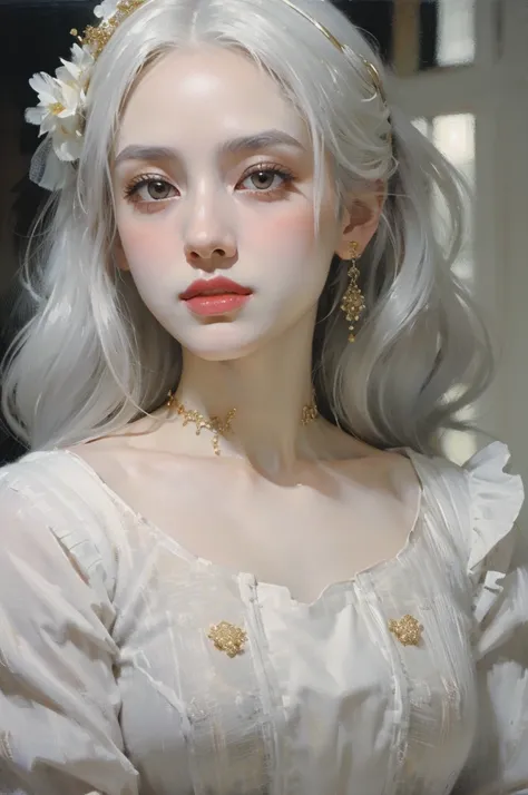 classical painting, ((close-up: 1.4)), details of the face of a girl in a white dress, Asian, young girl, pale skin, detailed drawing of the face, white hair, gold eyes, monochrome image with accent color,