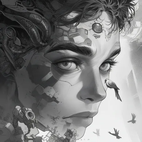 A highly detailed and intricate artwork featuring a realistic human face as the central focus. The face, particularly the eyes, is surrounded by a fusion of organic and mechanical elements. The background is filled with patterns of plants and mechanical pa...