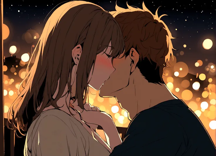 a couple kissing , male and female, brown hair, night time